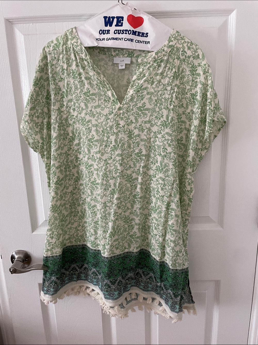 J. Jill Light Green Floral Split-Neck Tunic with Tassel Hem